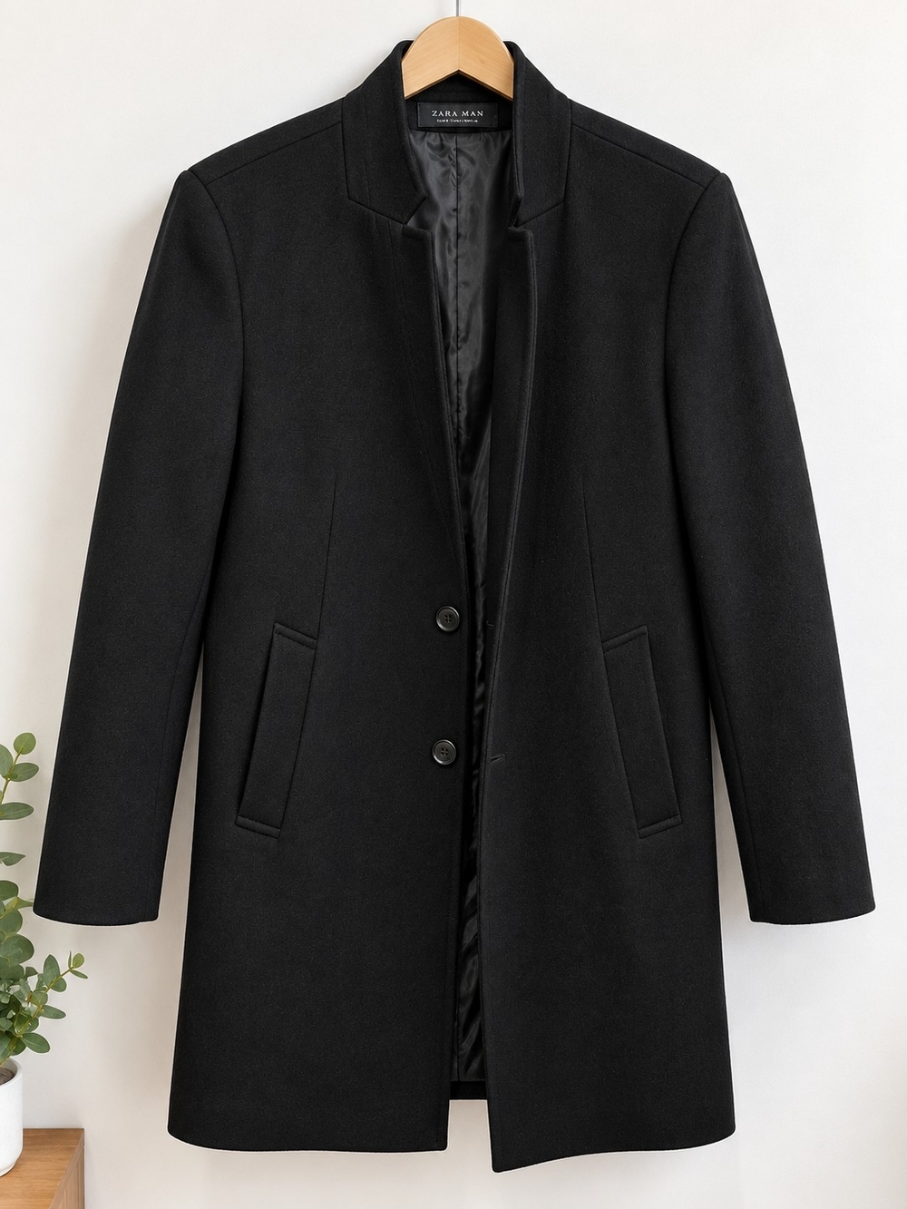 Zara Black Wool Blend Single-Breasted Overcoat
